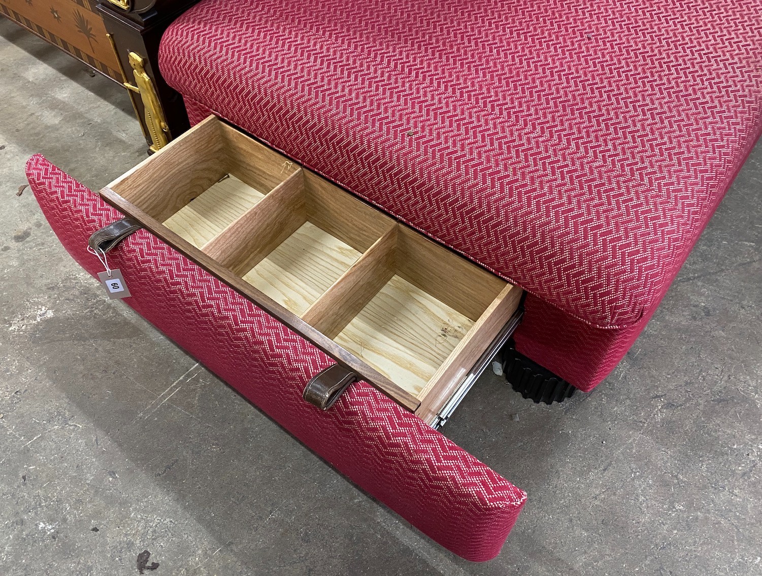 An upholstered box ottoman with drawers each end, width 160cm, depth 100cm, height 46cm